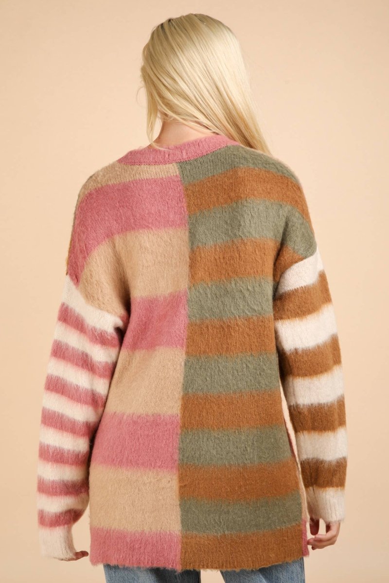 Oversized Striped Fuzzy Knit Sweater Top - Purses & Pearls