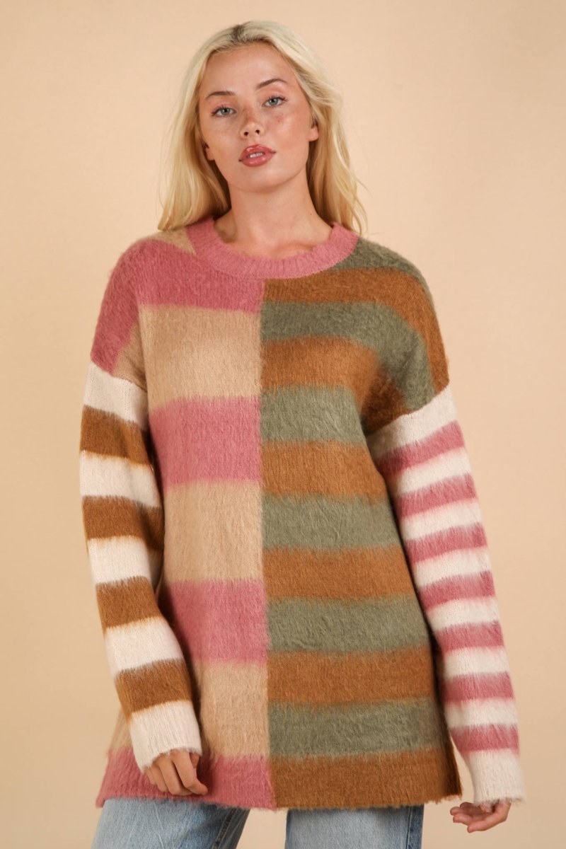 Oversized Striped Fuzzy Knit Sweater Top - Purses & Pearls