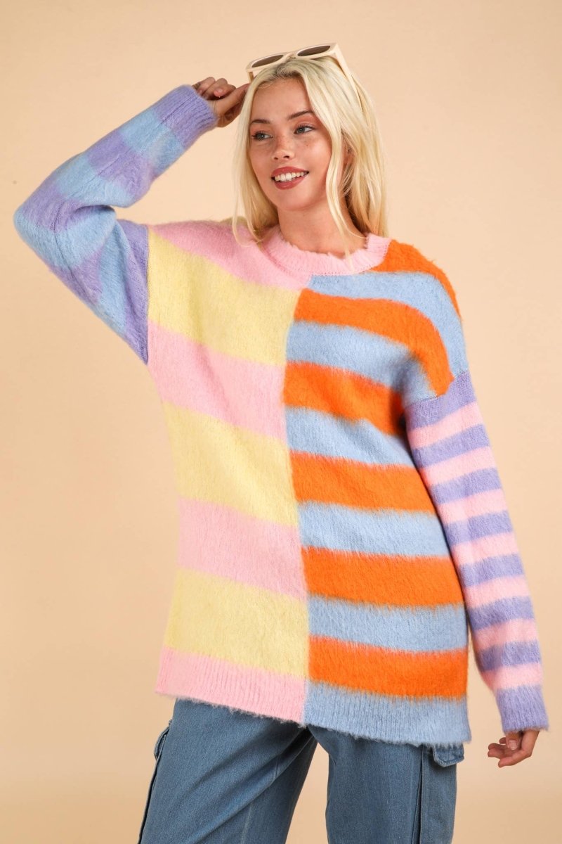 Oversized Striped Fuzzy Knit Sweater Top - Purses & Pearls