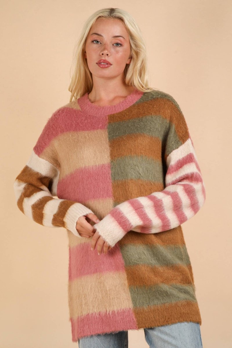 Oversized Striped Fuzzy Knit Sweater Top - Purses & Pearls