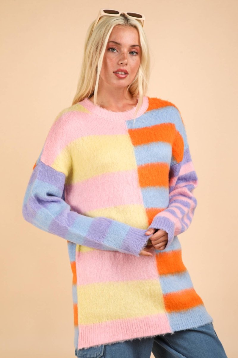 Oversized Striped Fuzzy Knit Sweater Top - Purses & Pearls