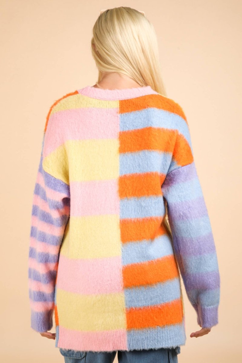 Oversized Striped Fuzzy Knit Sweater Top - Purses & Pearls