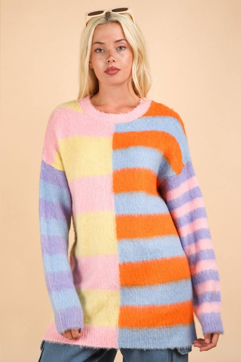 Oversized Striped Fuzzy Knit Sweater Top - Purses & Pearls