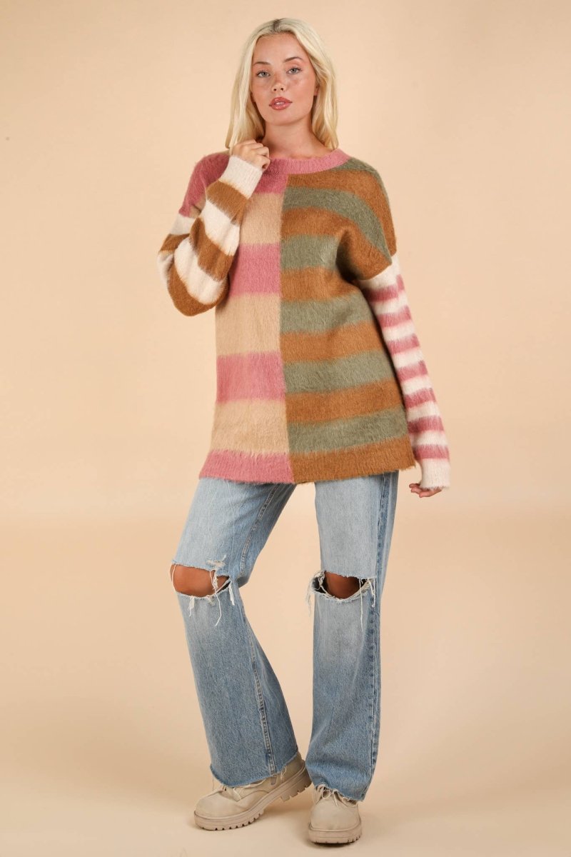 Oversized Striped Fuzzy Knit Sweater Top - Purses & Pearls