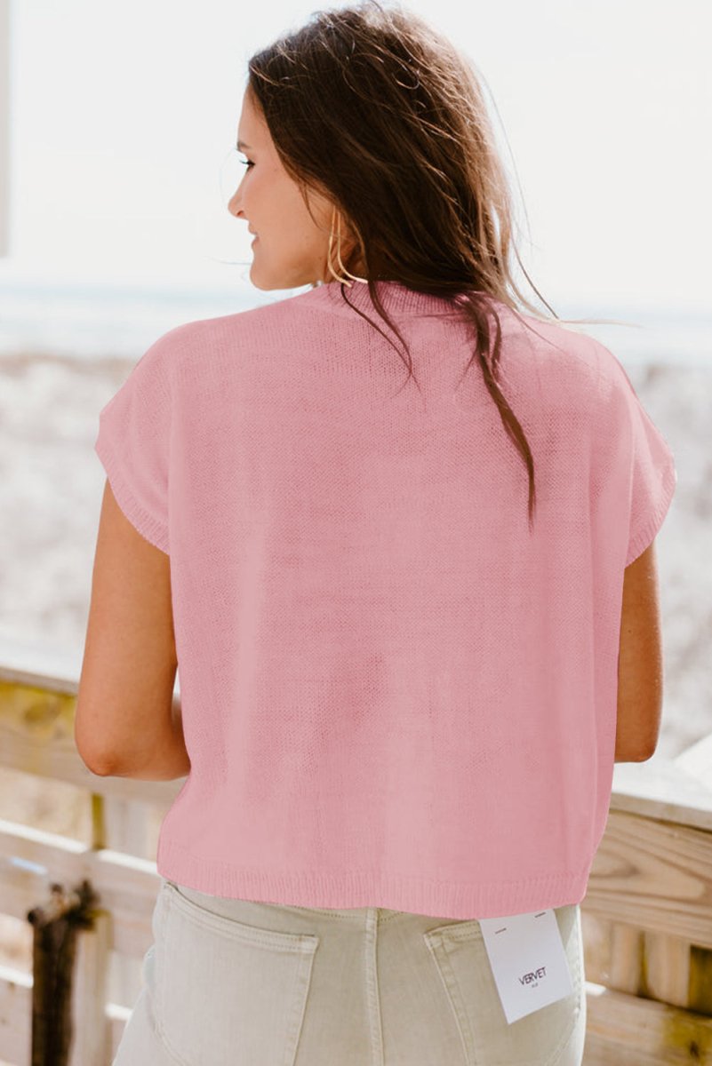 Pink Multi Crochet Flower Knit Short Sleeve Sweater Top - Purses & Pearls