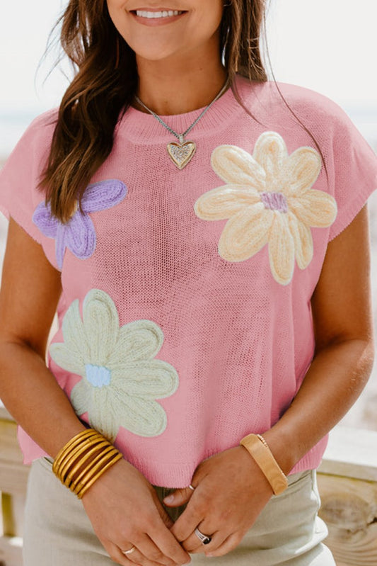 Pink Multi Crochet Flower Knit Short Sleeve Sweater Top - Purses & Pearls
