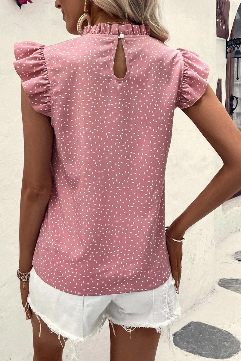 Pink Polka Dots Ruffle Flutter Sleeve - Purses & Pearls