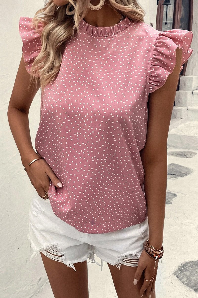 Pink Polka Dots Ruffle Flutter Sleeve - Purses & Pearls
