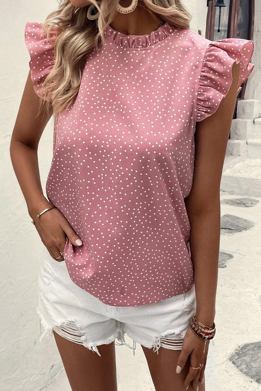 Pink Polka Dots Ruffle Flutter Sleeve - Purses & Pearls