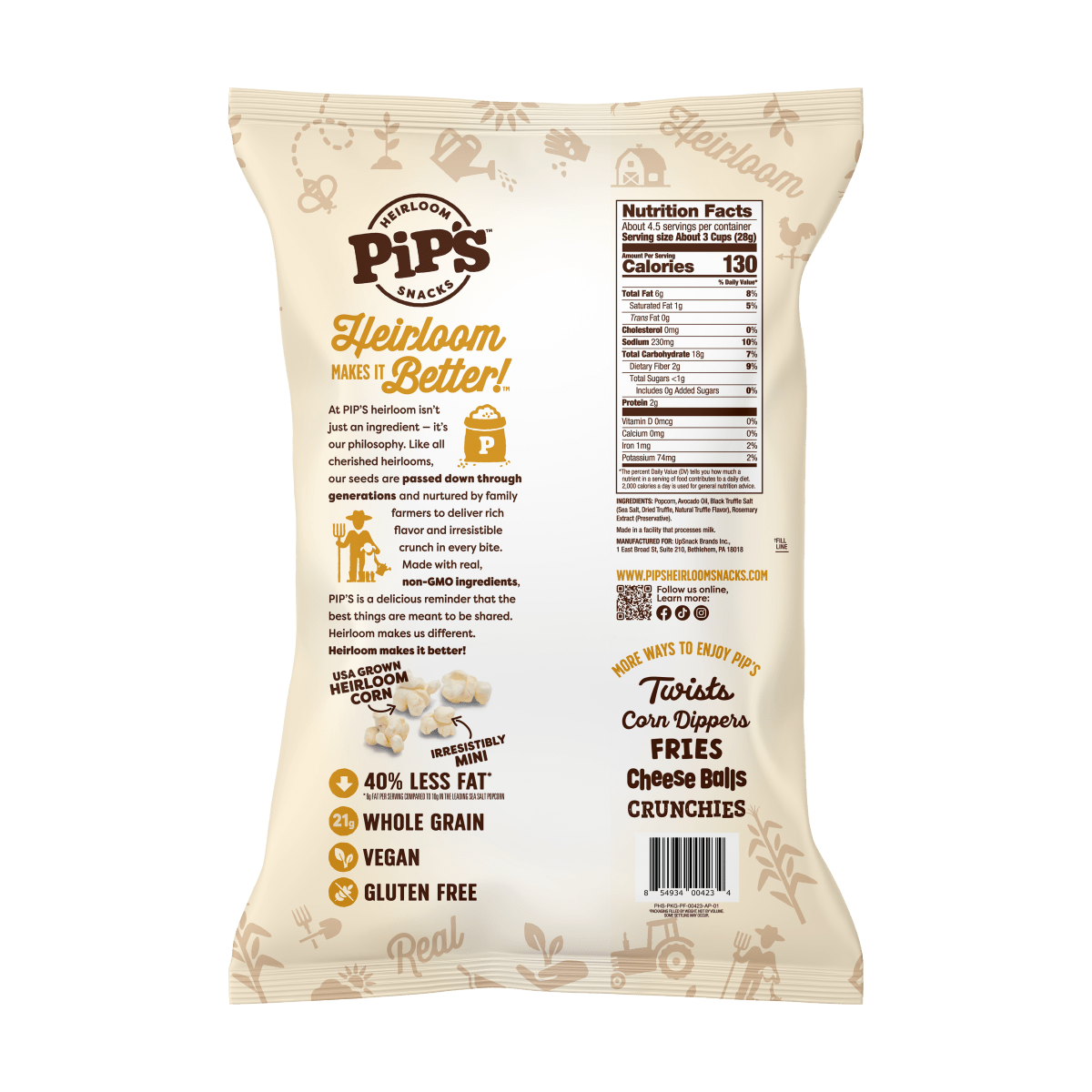 Pip's Heirloom Snacks - Truffle Mini Popcorn, 4.5oz (12 Bags in 1 Case) - Purses & Pearls
