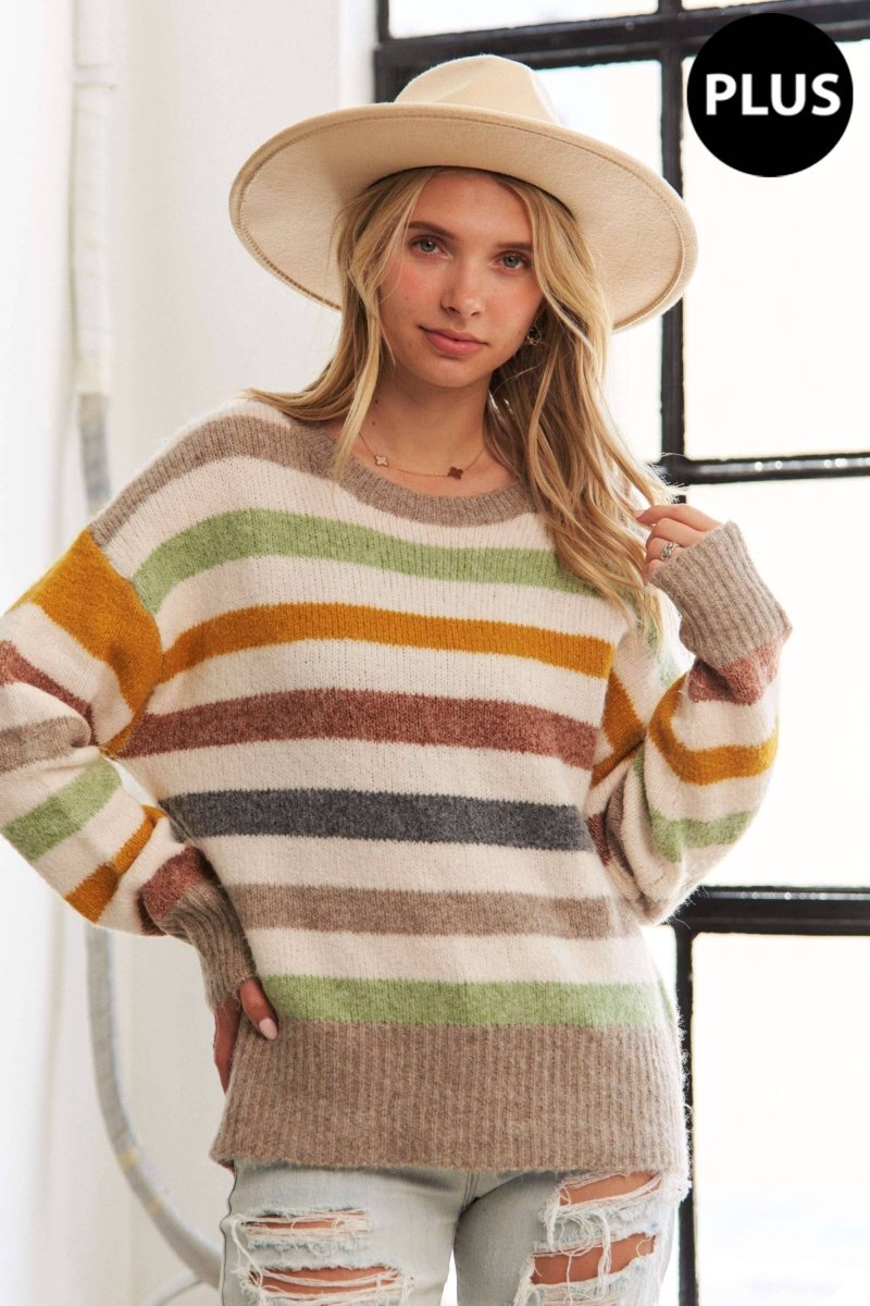 PLUS MULTI COLOR STRIPE SWEATER TOP - Purses & Pearls