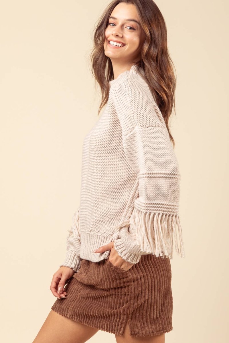 PLUS SIZE Fringe Sleeve Chunky Cozy Knit Sweater - Purses & Pearls