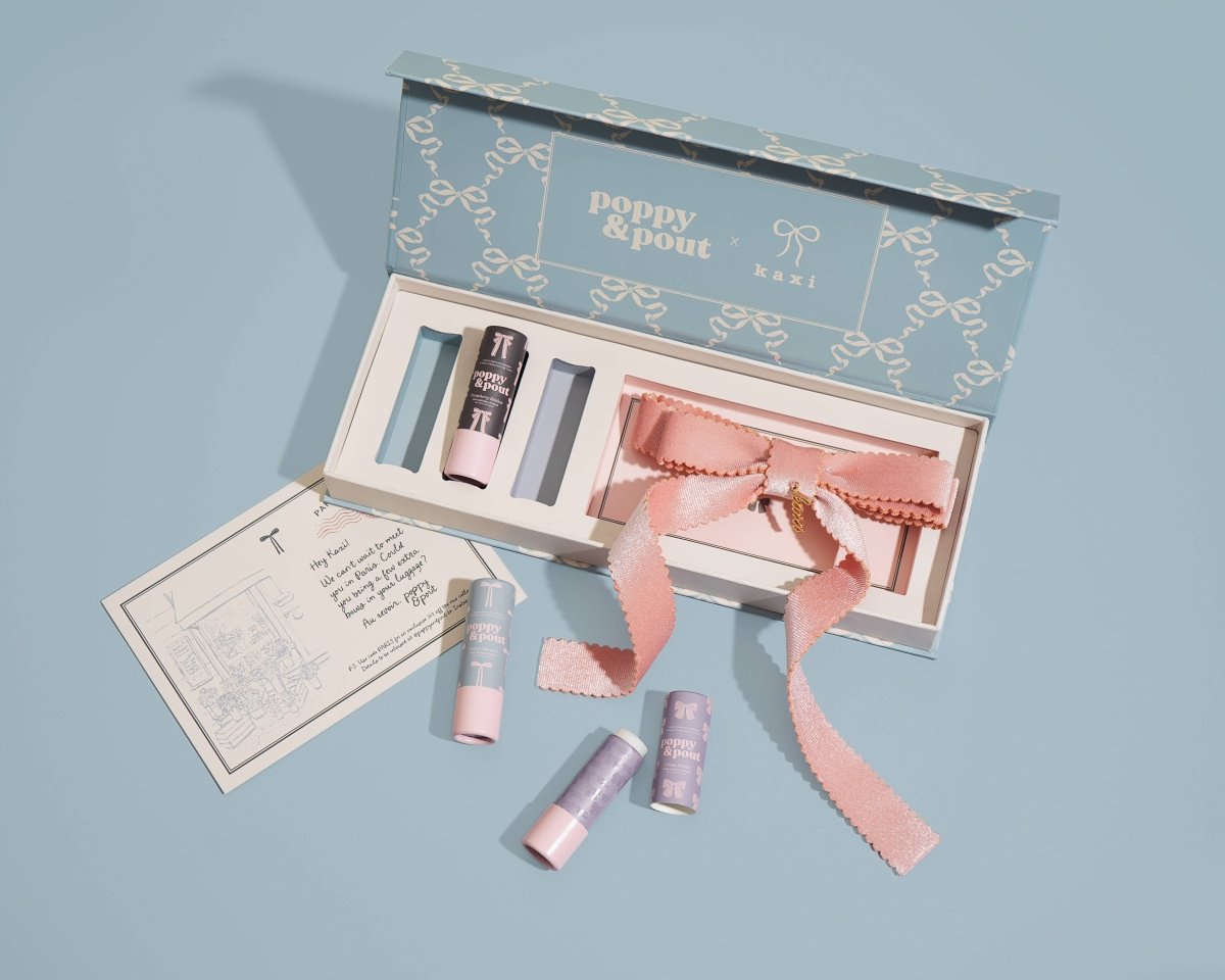 Poppy & Pout - Gift Set, Coquette Lip Balm Trio + Kaxi Hair Bow - Purses & Pearls