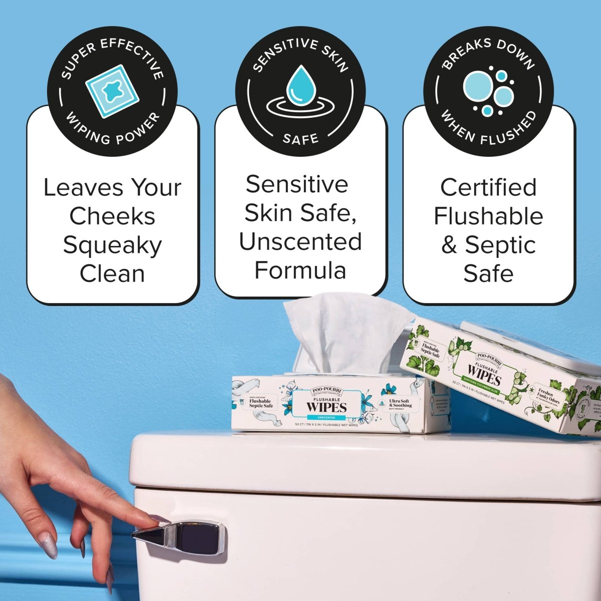 ~Pourri - Unscented Poo~Pourri Flushable Wipes 3-Pack (150 wipes) - Purses & Pearls
