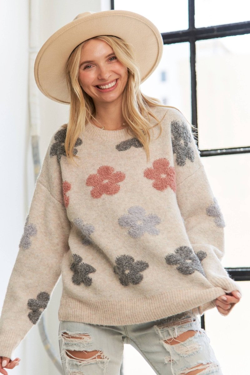 PUFF FLOWER COMFY SWEATER TOP - Purses & Pearls