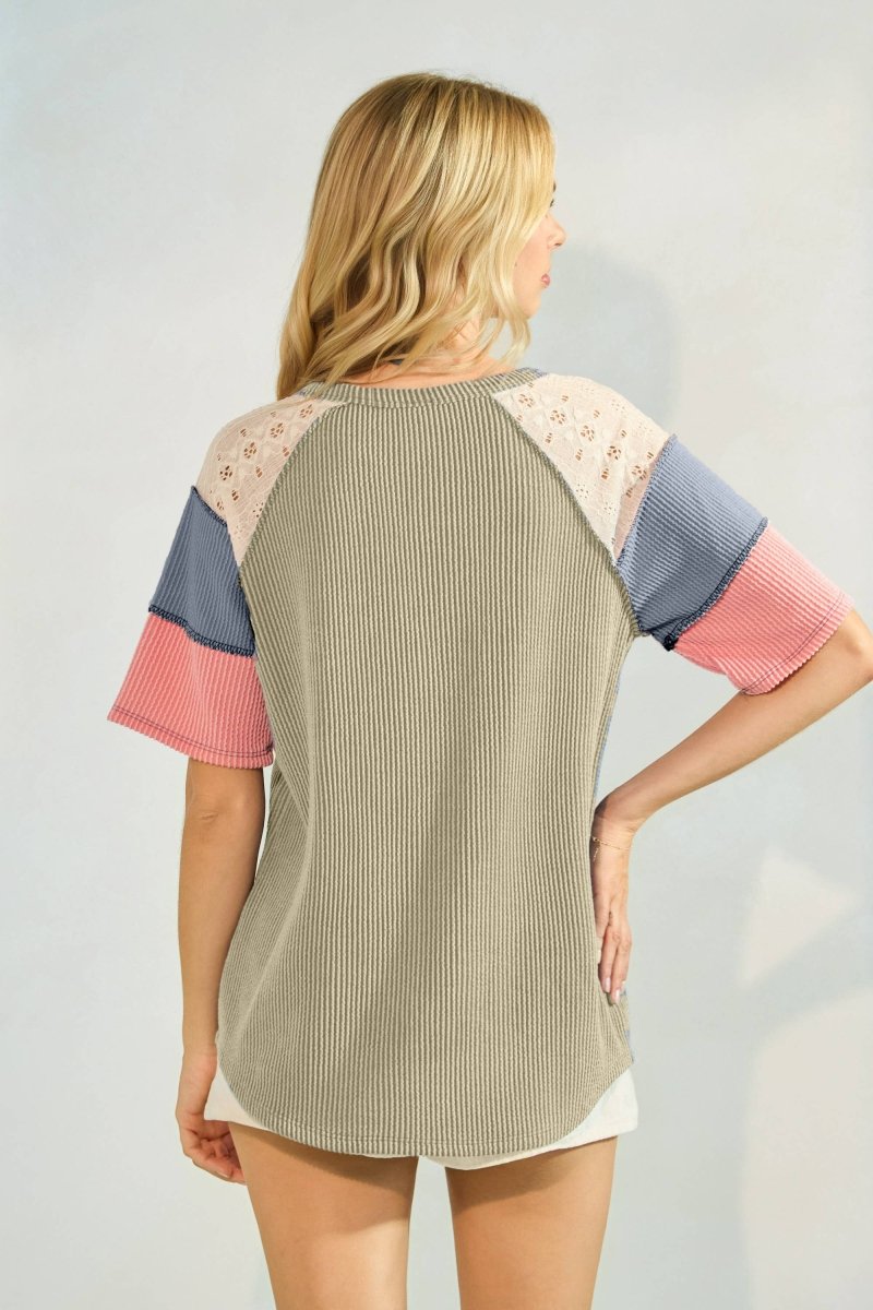 Rib Patchwork Button Front Raglan Short Sleeve Top - Purses & Pearls