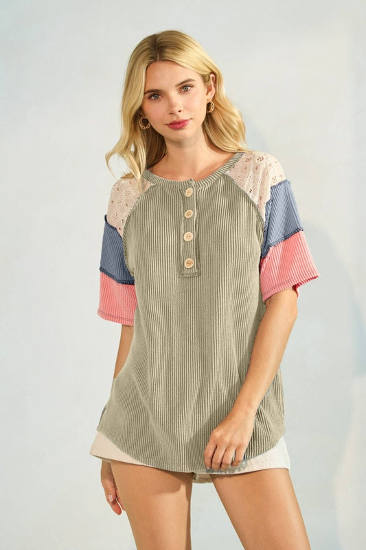 Rib Patchwork Button Front Raglan Short Sleeve Top - Purses & Pearls