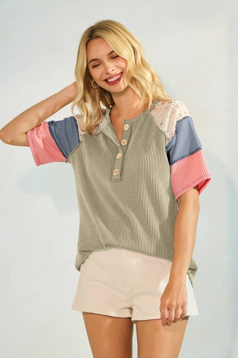 Rib Patchwork Button Front Raglan Short Sleeve Top - Purses & Pearls