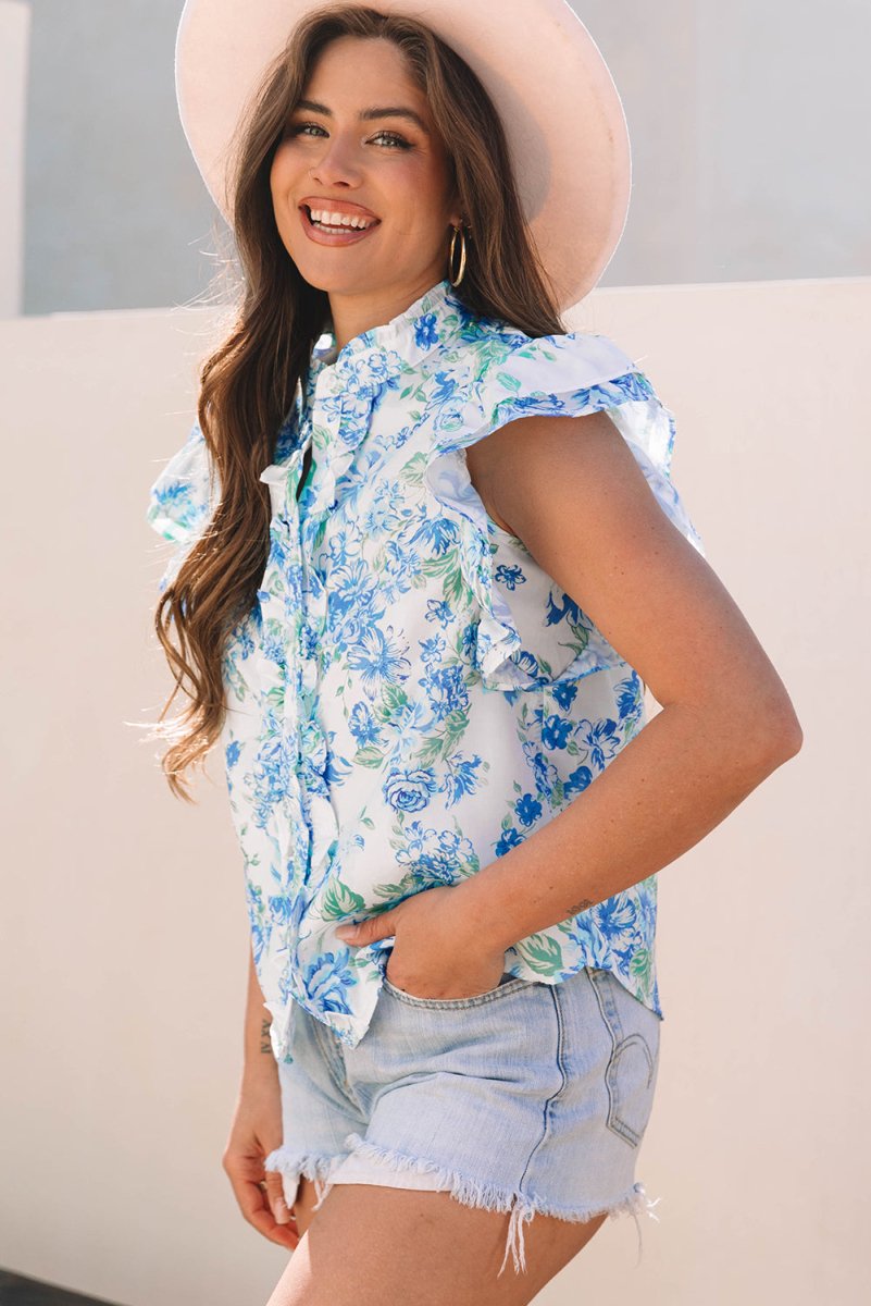 Sky Blue Floral Print Ruffle Sleeve Frilly Button Up Shirt - Purses & Pearls