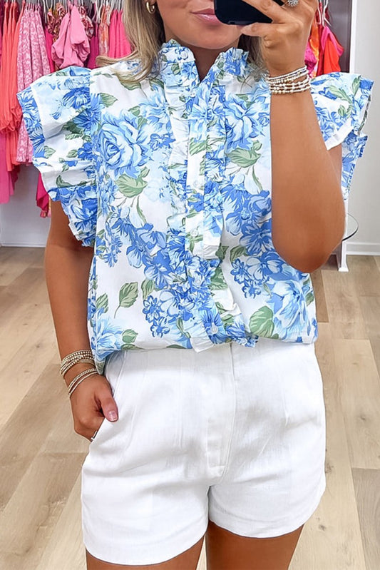 Sky Blue Floral Print Ruffle Sleeve Frilly Button Up Shirt - Purses & Pearls