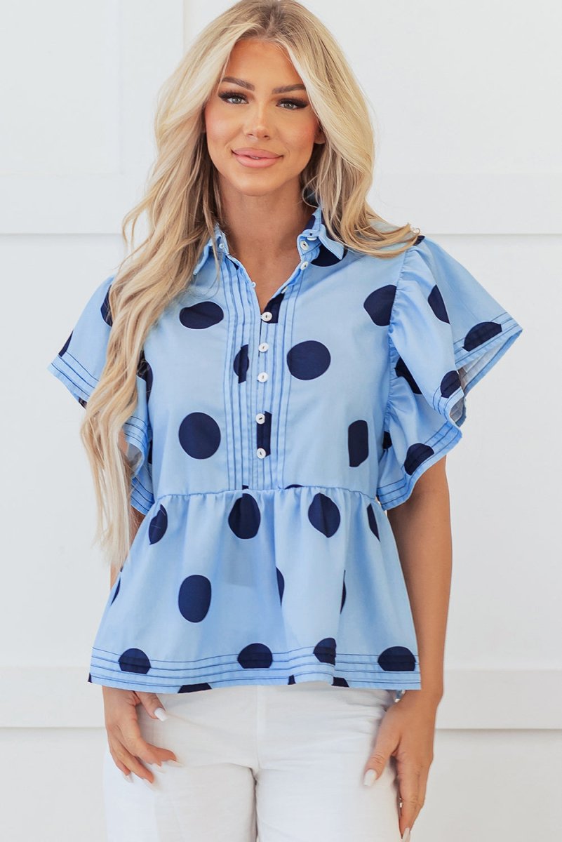 Sky Blue Polka Dot Print Ruffled Short Sleeve Buttoned Collared Blouse - Purses & Pearls