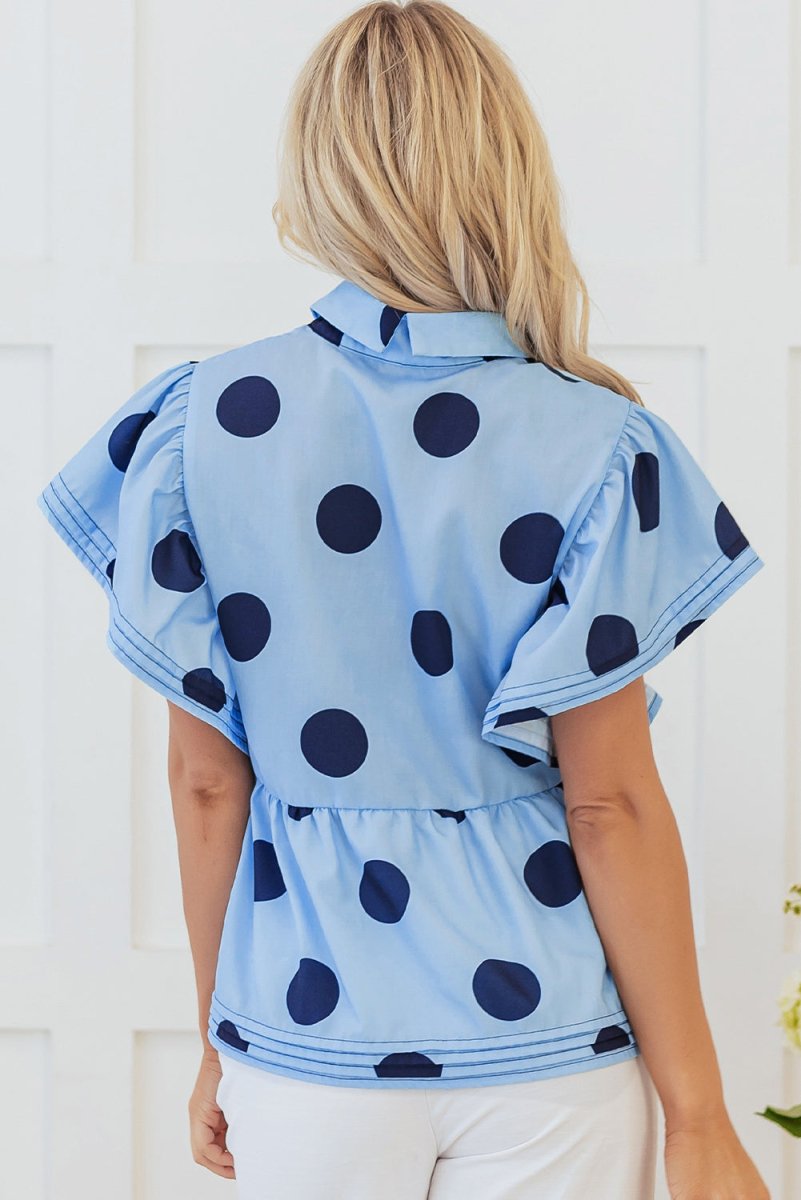 Sky Blue Polka Dot Print Ruffled Short Sleeve Buttoned Collared Blouse - Purses & Pearls