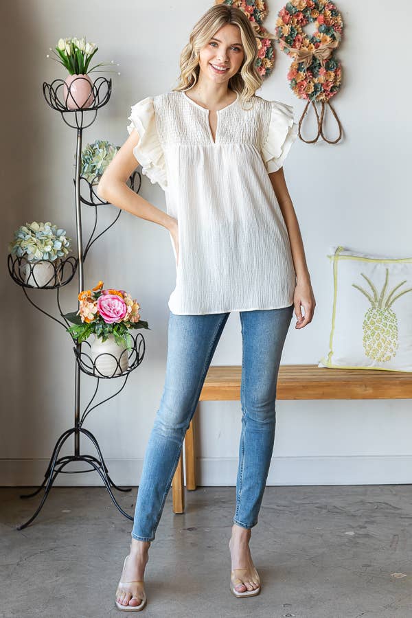 Solid Crinkle Top in Cream - Purses & Pearls