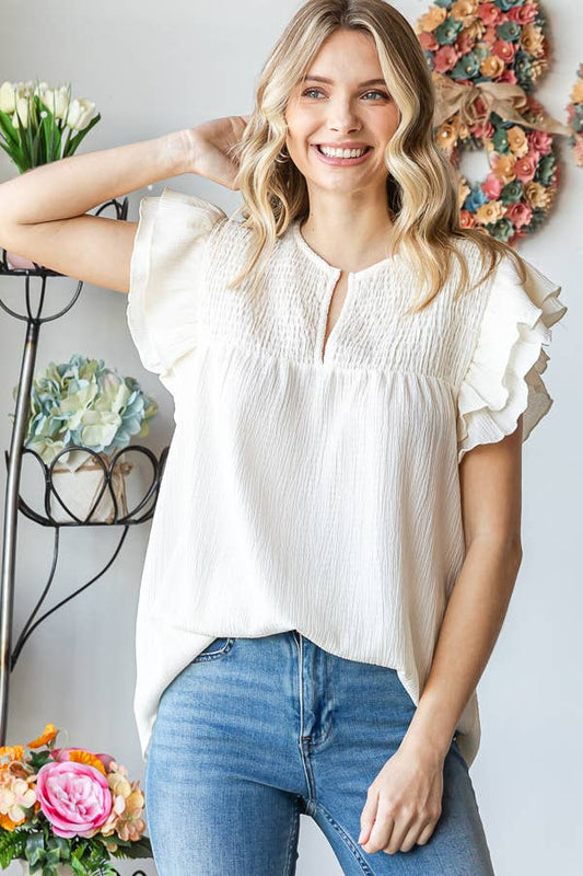 Solid Crinkle Top in Cream - Purses & Pearls