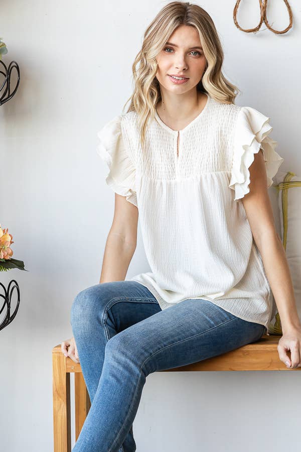 Solid Crinkle Top in Cream - Purses & Pearls