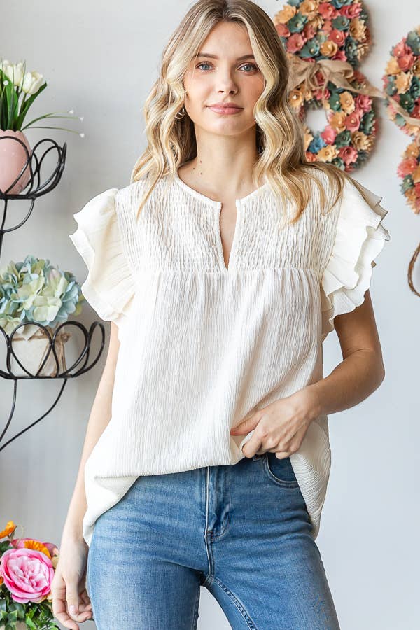 Solid Crinkle Top in Cream - Purses & Pearls