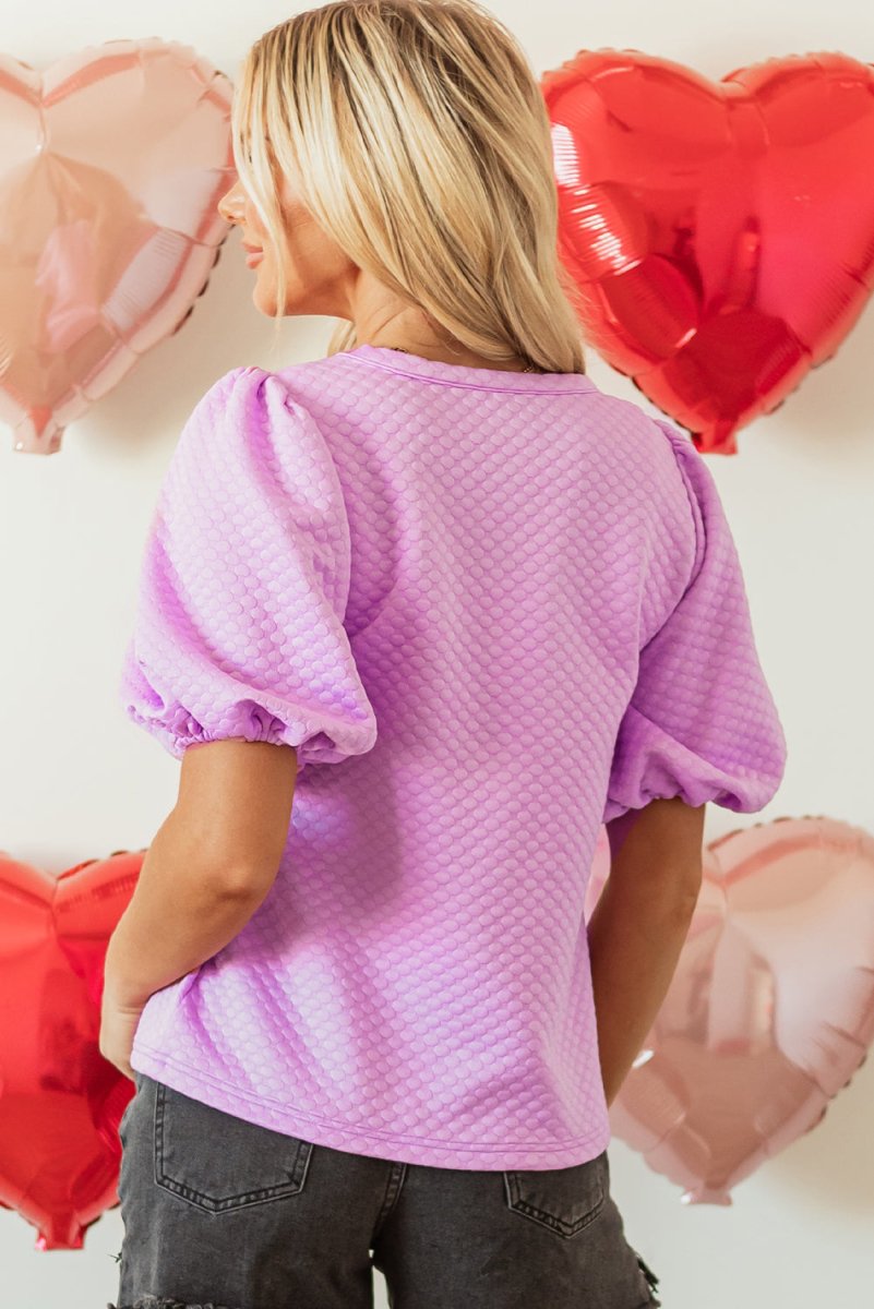 Solid Textured Neck Puff Sleeve Blouse in Purple - Purses & Pearls