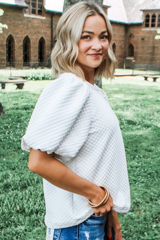 Solid Textured Neck Puff Sleeve Blouse in White - Purses & Pearls