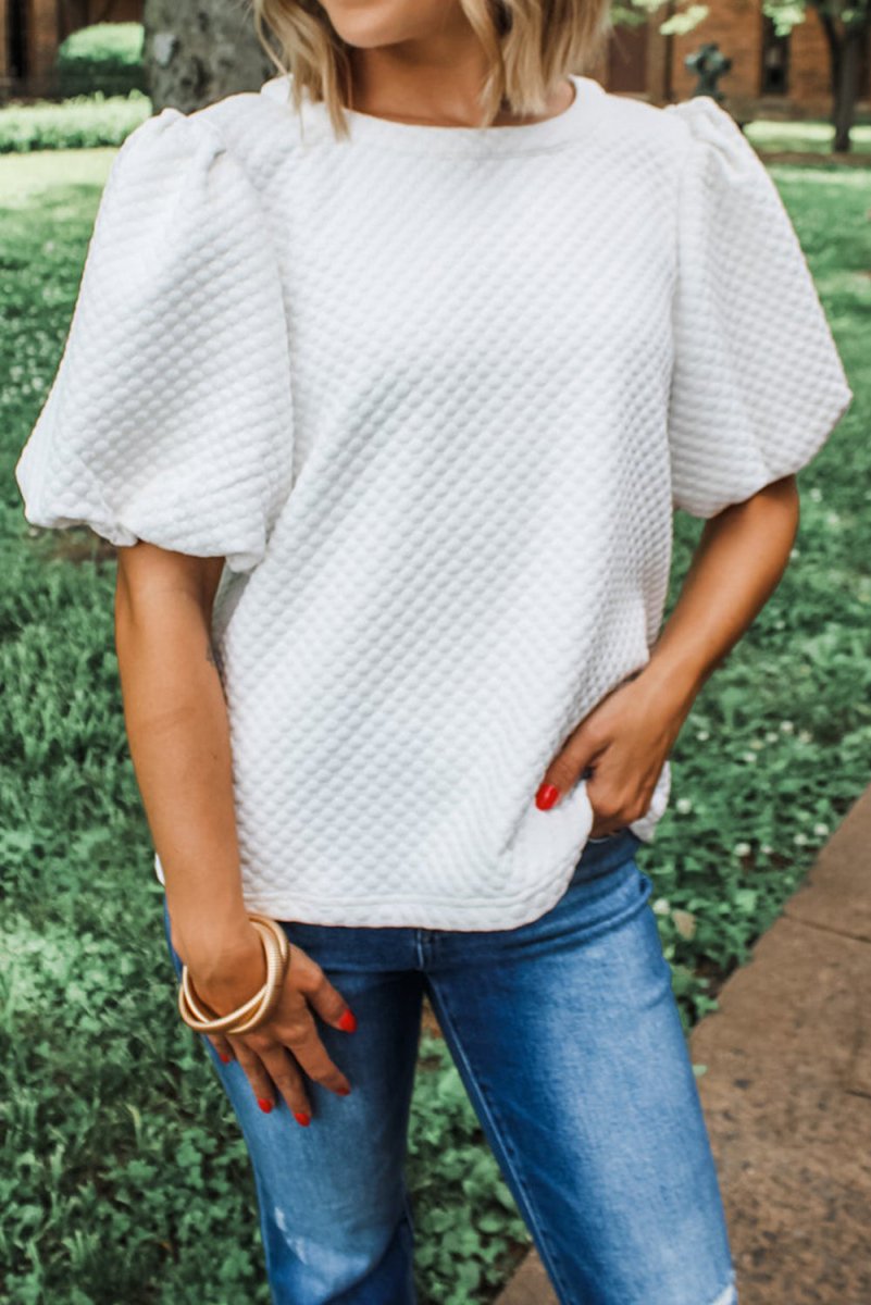 Solid Textured Neck Puff Sleeve Blouse in White - Purses & Pearls