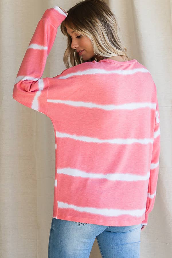 Stripe Tie Dye V Seam Drop Shoulder Long Sleeve Top - Purses & Pearls