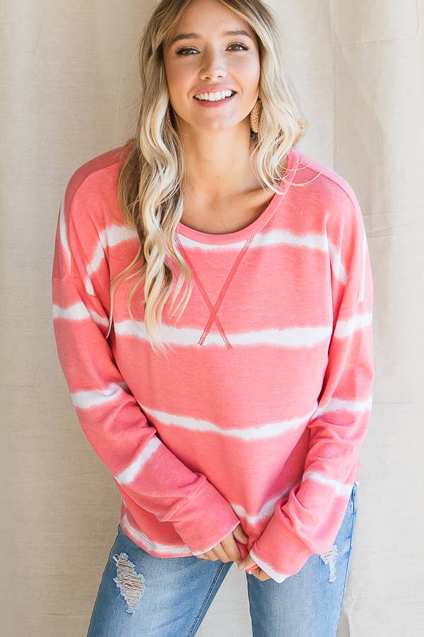 Stripe Tie Dye V Seam Drop Shoulder Long Sleeve Top - Purses & Pearls