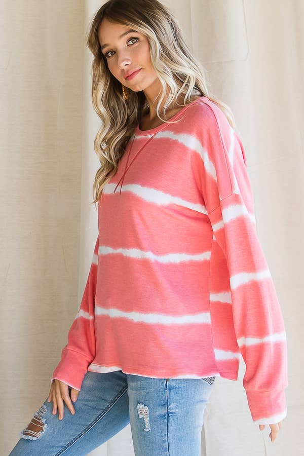 Stripe Tie Dye V Seam Drop Shoulder Long Sleeve Top - Purses & Pearls