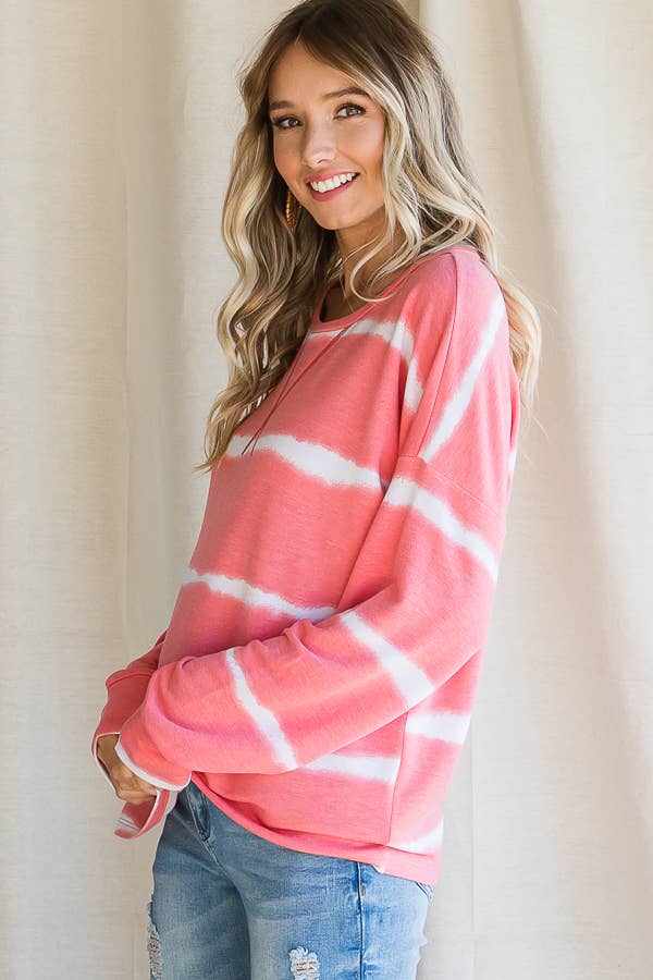 Stripe Tie Dye V Seam Drop Shoulder Long Sleeve Top - Purses & Pearls