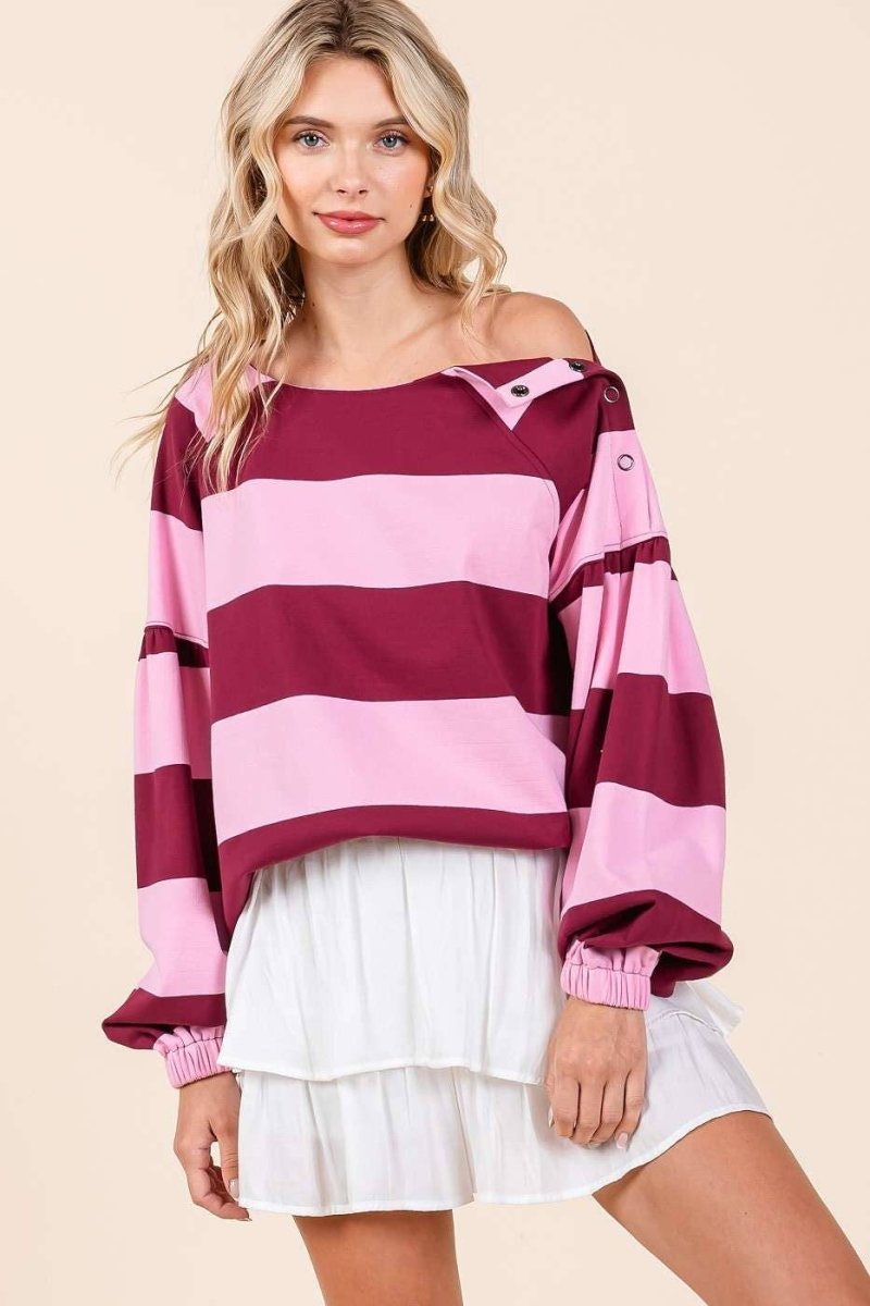 STRIPED SHOULDER BUTTON DETAIL LONG SLEEVE TOP - Purses & Pearls