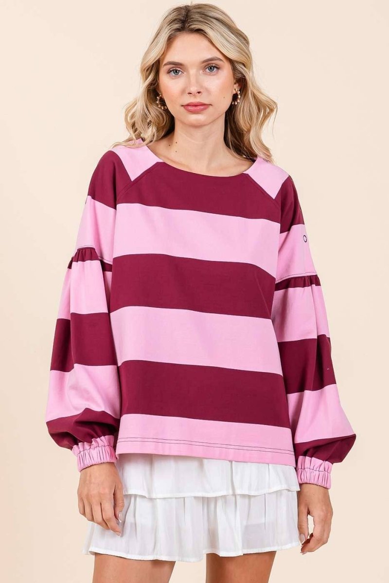 STRIPED SHOULDER BUTTON DETAIL LONG SLEEVE TOP - Purses & Pearls