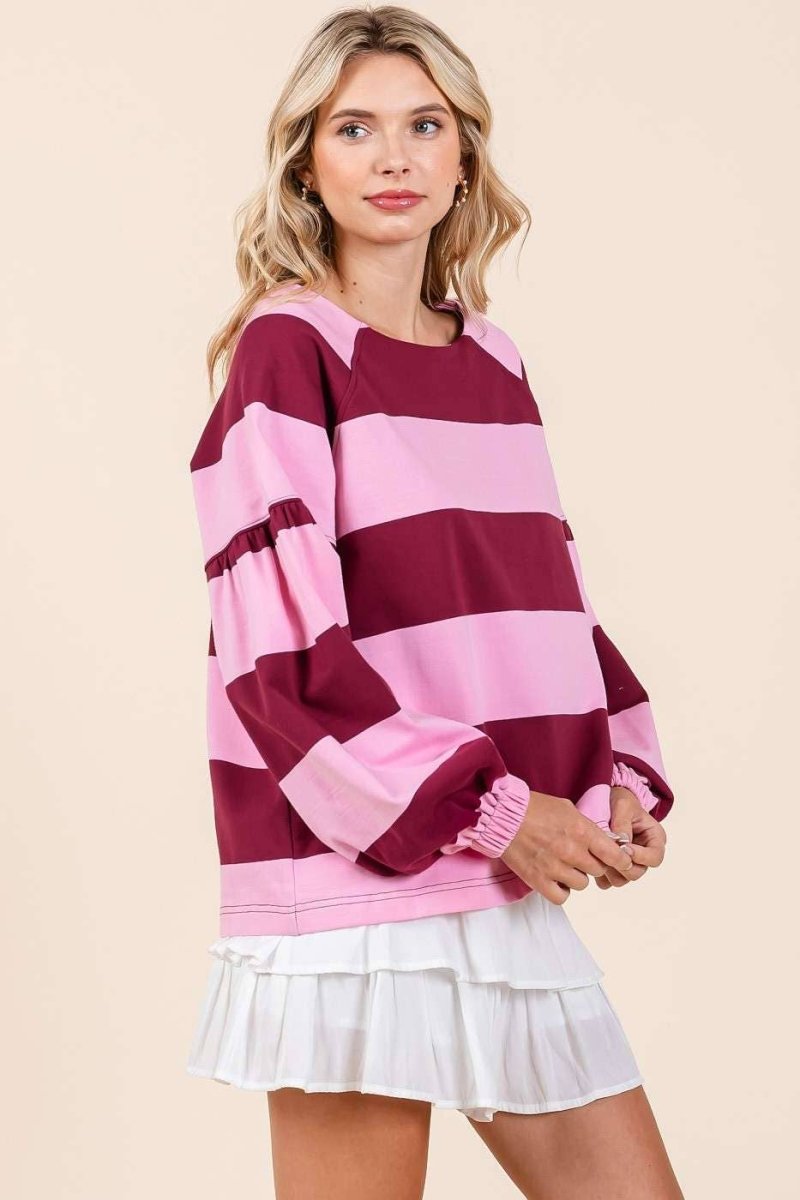 STRIPED SHOULDER BUTTON DETAIL LONG SLEEVE TOP - Purses & Pearls