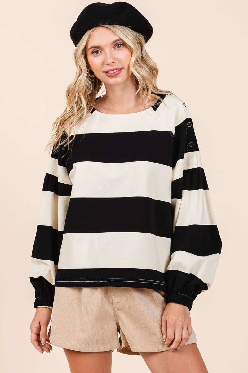 STRIPED SHOULDER BUTTON DETAIL LONG SLEEVE TOP - Purses & Pearls