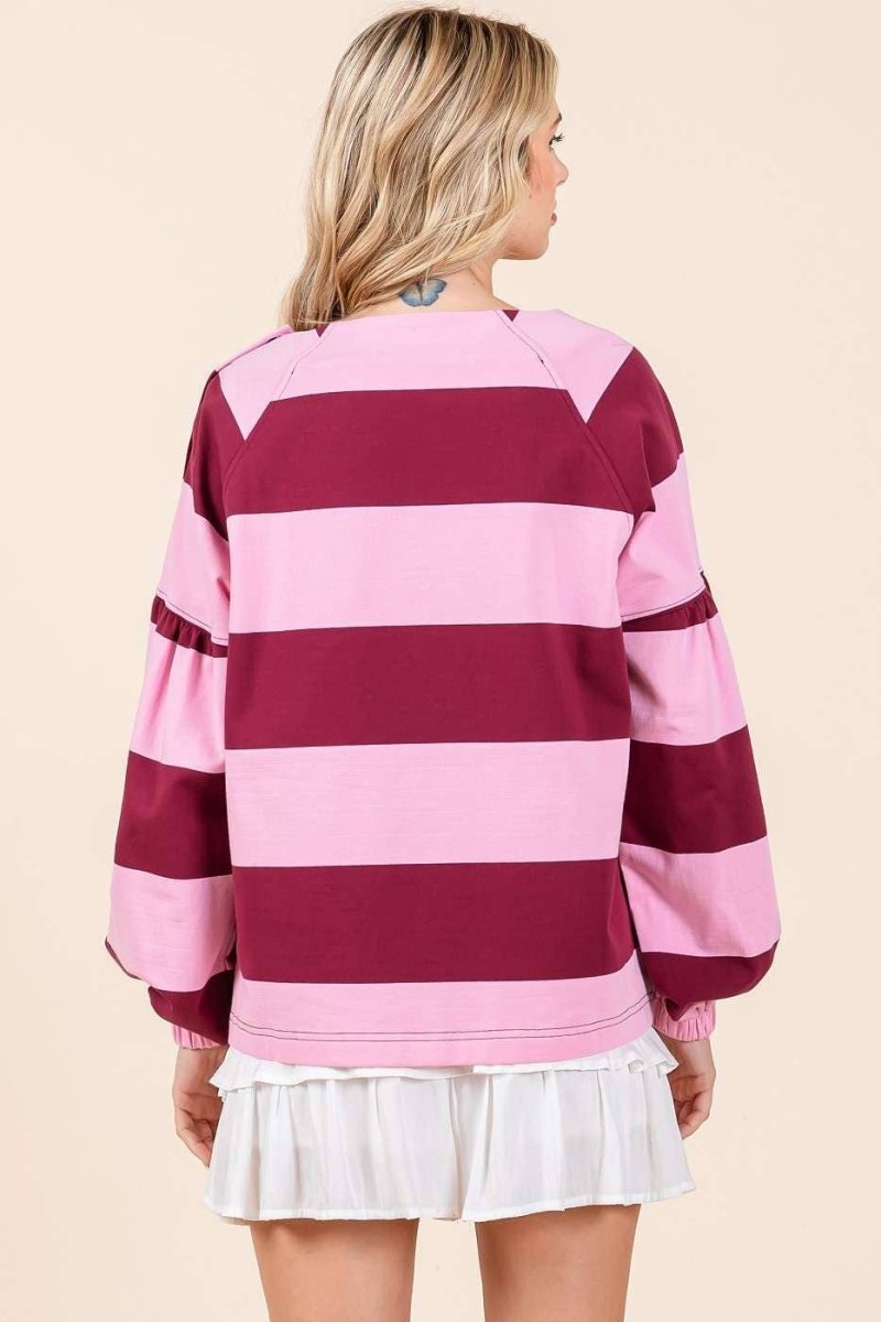 STRIPED SHOULDER BUTTON DETAIL LONG SLEEVE TOP - Purses & Pearls