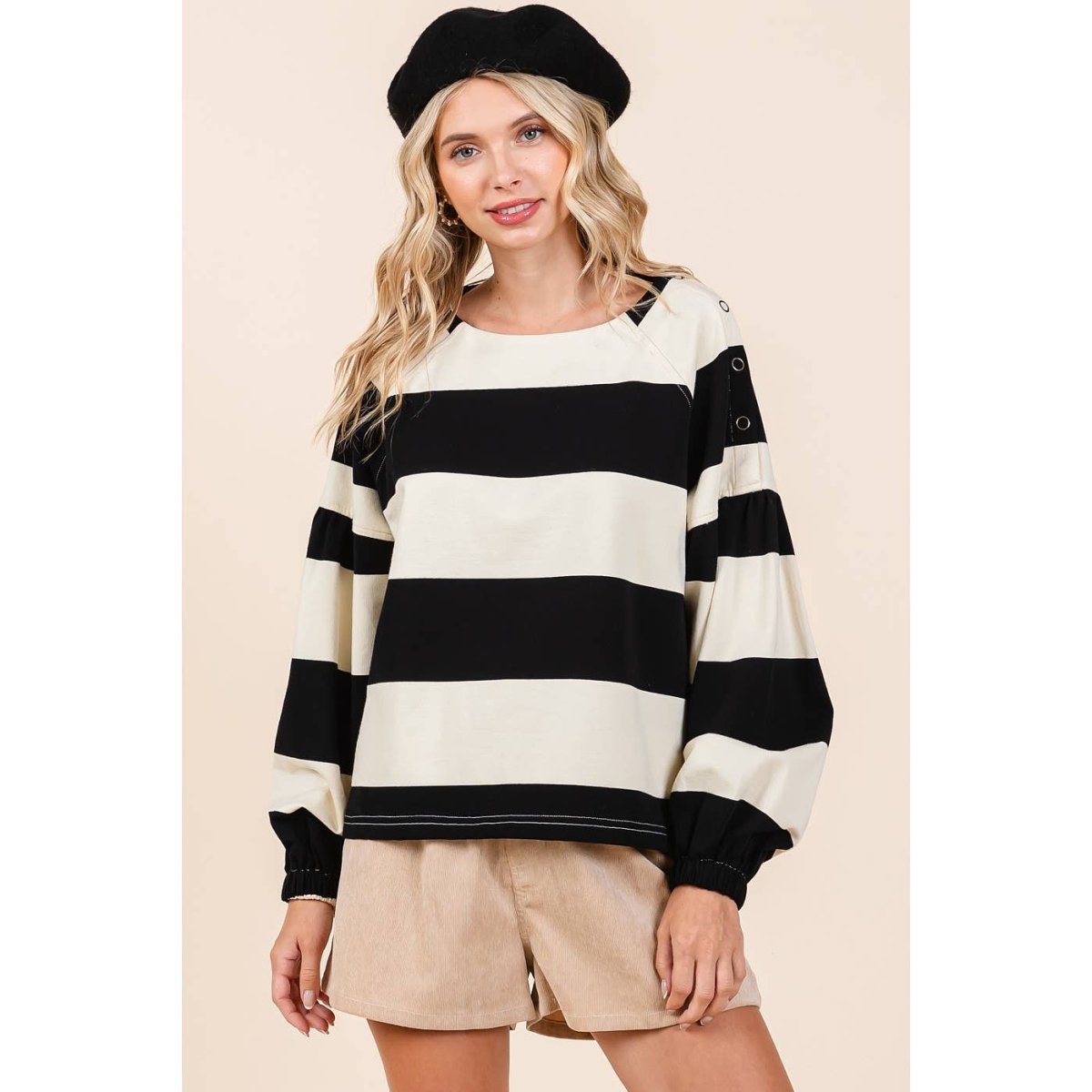 STRIPED SHOULDER BUTTON DETAIL LONG SLEEVE TOP - Purses & Pearls