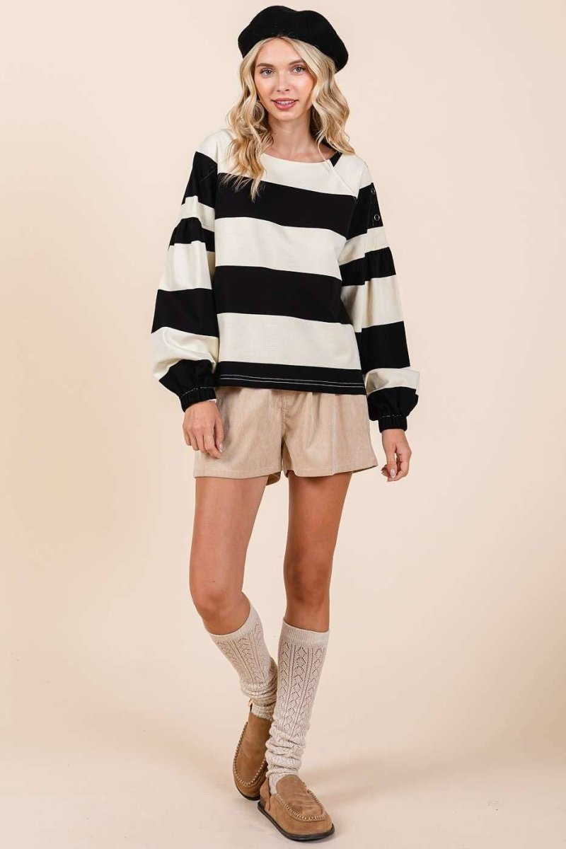 STRIPED SHOULDER BUTTON DETAIL LONG SLEEVE TOP - Purses & Pearls