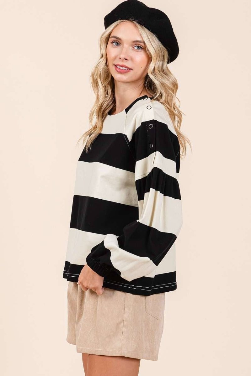 STRIPED SHOULDER BUTTON DETAIL LONG SLEEVE TOP - Purses & Pearls