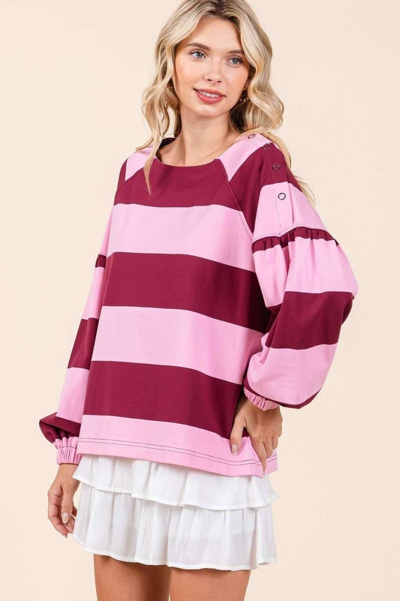 STRIPED SHOULDER BUTTON DETAIL LONG SLEEVE TOP - Purses & Pearls