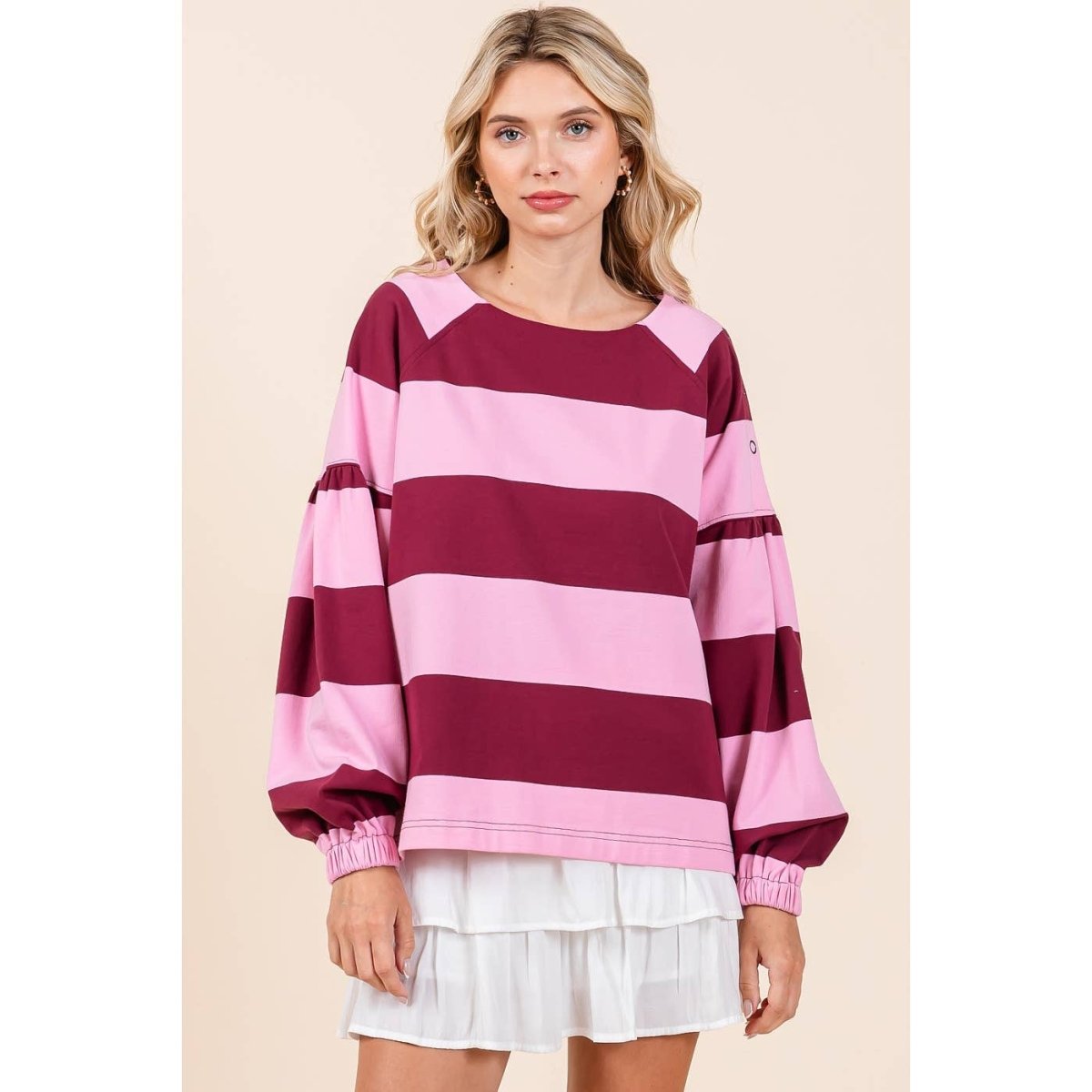 STRIPED SHOULDER BUTTON DETAIL LONG SLEEVE TOP - Purses & Pearls