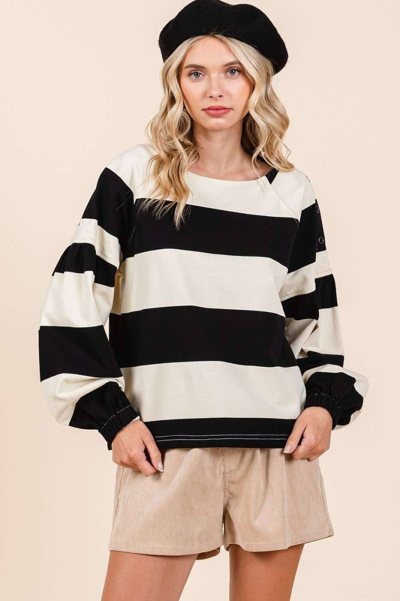 STRIPED SHOULDER BUTTON DETAIL LONG SLEEVE TOP - Purses & Pearls