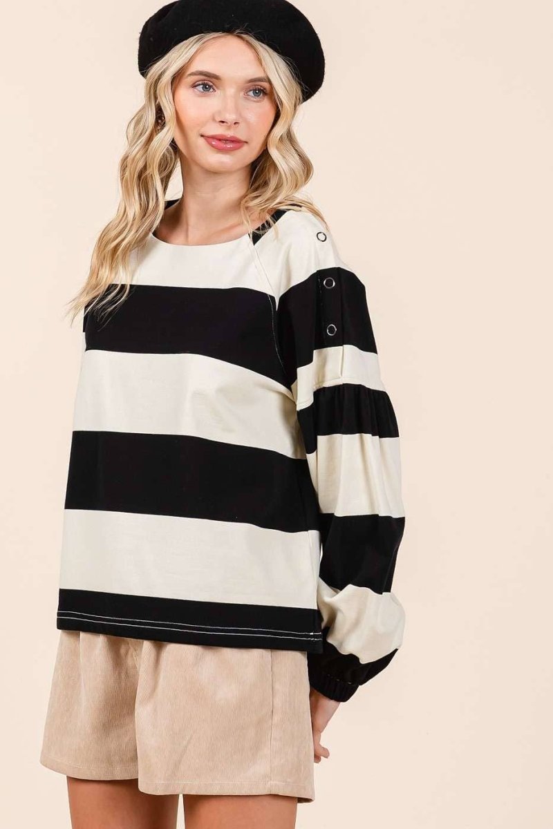 STRIPED SHOULDER BUTTON DETAIL LONG SLEEVE TOP - Purses & Pearls