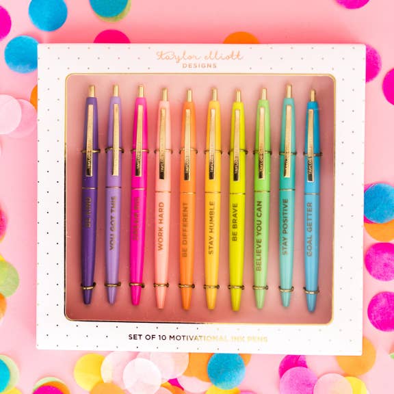 Taylor Elliott Designs - Pen Set - Motivational - Asst Colors - 10 Piece Set - Purses & Pearls